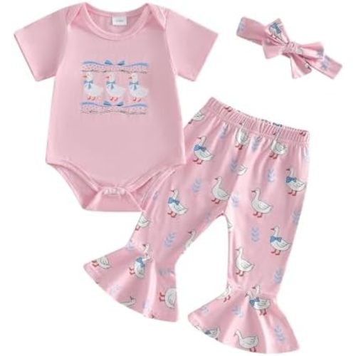 Newborn Baby Girls Goose Summer Outfits Goose Print Short Sleeve Romper with Flare Pants and Headband Set