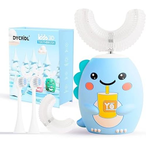 DYCROL Kids U Shaped Electric Toothbrush with 4 Brush Heads, Sonic Toothbrush Kids with 5 Modes, Cartoon Dinosaur 360-Degree Cleaning IPX7 Waterproof Design (2-6 Age (Blue))