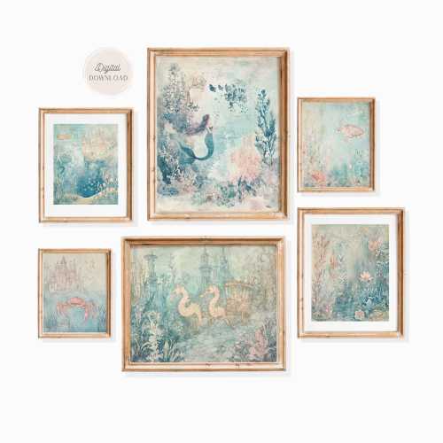 Vintage Mermaid Nursery Art Prints: Under the Sea Kingdom, Set of 6 (Digital Download)