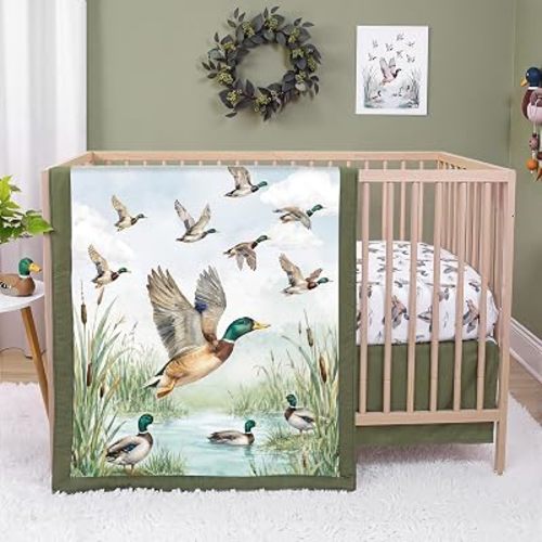 Peryiter 3 Pcs Mallard Duck Crib Sheet Set Baby Crib Bedding Set Includes 52"x28" Fitted Sheet, Quilt, Bed Skirt for Newborn Boy Girl Cute Nursery Newborn Sheets Decor