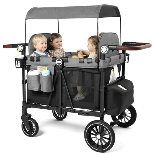 Kinder King Wagon Stroller for 4 Kids, All-Terrain Foldable Outdoor Stroller Wagon 4 Seater, Removable Canopy, Adjustable Handle, Shock-Absorbing Wheel, Detachable Tray, Large Storage, Black&Grey