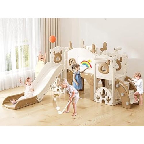 XJD Toddler Slide,13 in 1 Kids Slide for Toddlers, New Upgrade with Golf Set, Basketball Hoop, Drawing Board for Indoor Outdoor Playset,Toddler Playground (Brown)