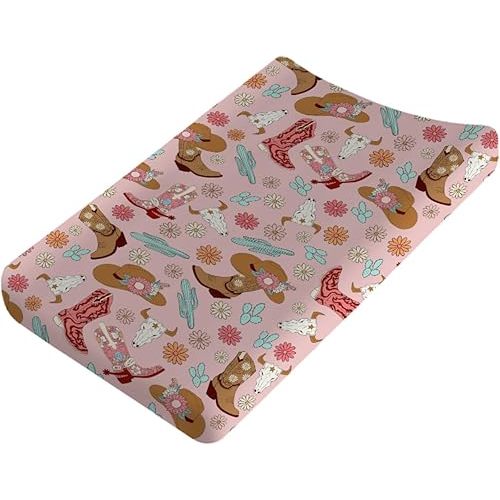 Boho Western Cowgirl Pink Baby Changing Pad Covers Cowgirl Hats Boots Skull Cactus Floral Diaper Changing Pad Table Sheets for Girls Soft Breathable Stretchy Nursery Change Table Mats 32''x16''
