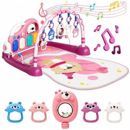 Baby Kick and Play Piano Mat with Mirror and Toys Soft Infant Activity Gym for Sensory Development-Pink