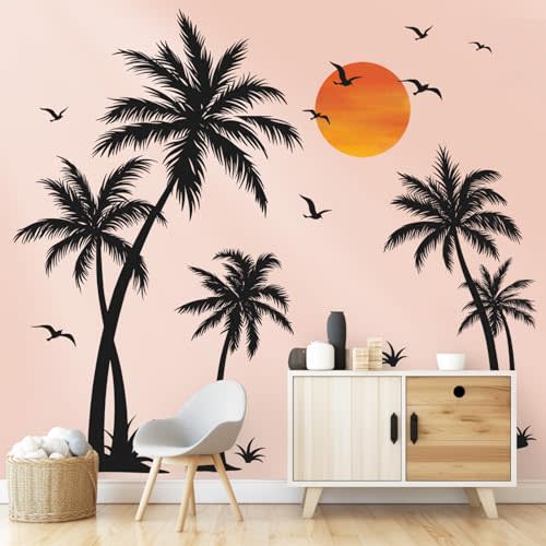 wondever Large Black Palm Tree Wall Stickers Tropical Tree Plants Birds Peel and Stick Wall Art Decals for Living Room Bedroom TV Background (H: 53 inch)