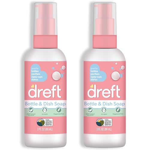 Dreft Bottle and Dish Soap | Made to Clean Baby Bottles, Sippy Cups, Pacifiers, Breast Pumps, & More | Gently Removes Milk Film & Odors | Plant Based, Fragrance Free Dish Soap | 3 Fl Oz (Pack of 2)