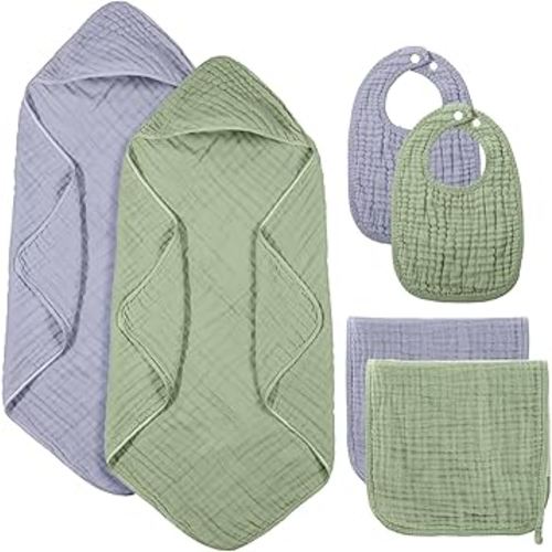 6 Pcs Muslin Hooded Bath Towels Washcloths and Bibs Set, Muslin Cotton Baby Towels Absorbent Hooded Blanket Towel Infant Bibs for Boys Girls Newborn Infant Essential(Light Blue, Light Green)