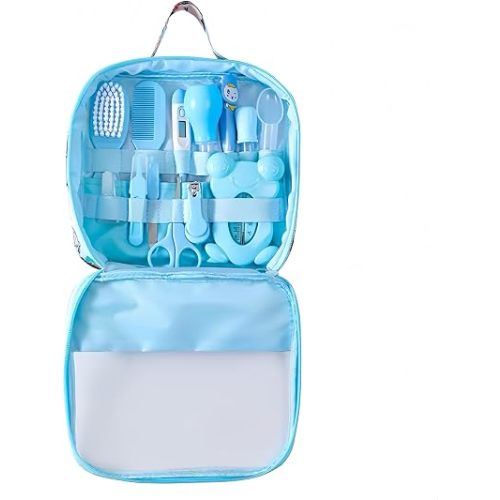 Infant Essentials Travel Kit – Baby Care & Safety Kit with CPR & Choking Reference Cards, 14-Piece Newborn Set for Diaper Bag & Travel (Blue)