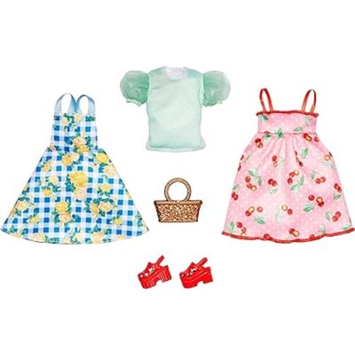 Barbie Fashions 2-Pack Clothing Set, 2 Outfits for Barbie Doll Include 2 Picnic-Themed Dresses & 2 Accessories Including Basket
