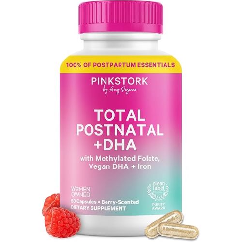 Pink Stork Total Postnatal Vitamins for Women | Vegan DHA, Iron, Folate, B12 | Postpartum Recovery Essentials | Lactation Support for Breastfeeding Moms | Third-Party Tested - 60 Capsules, Berry