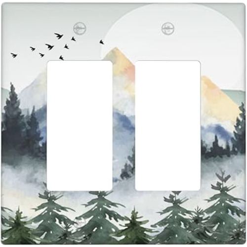Tree Forest Mountain Double Rocker Light Switch Plate Cover 2 Gang Decorative Outlet Plate Electrical Wall Plate Covers Receptacle Decorate Plug Covers For Kitchen Bedroom Bathroom Decor 4.6" X 4.5"