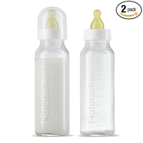 Natursutten Anti-Colic Glass Baby Bottle 2-Pack - 8 Ounce Bottles for Breastfeeding Babies - Newborn Bottles Set: Natural Rubber Slow-Flow Bottle Nipples, Seals, Valves, Baby Bottle Caps