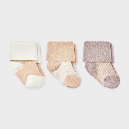 Baby 3pk Striped Ankle Socks - Cloud Island™ Tan 3-12M