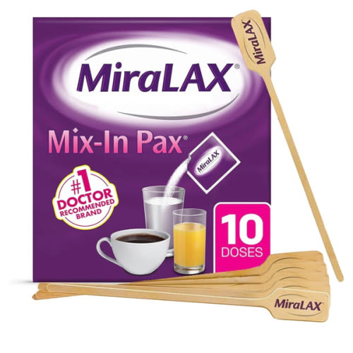 MiraLAX Gentle Constipation Relief Laxative Powder, Stool Softener with PEG 3350, No Harsh Side Effects, Single Dose Mix-In Pax with Mixing Stirrers, Travel Pack, 10 Dose