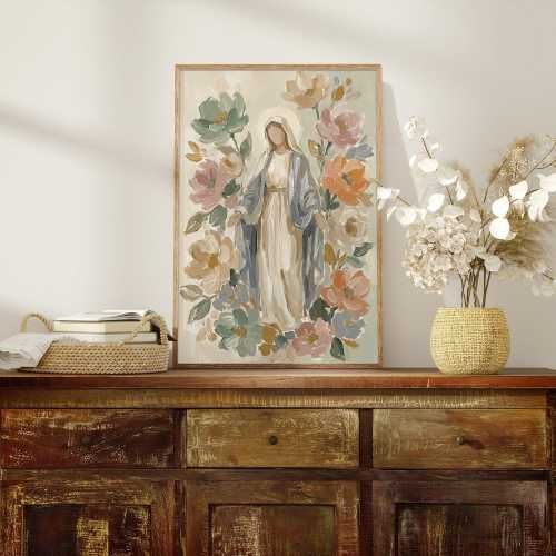 Blessed Mother of God Floral Artwork Print, Virgin Mary Catholic Art Poster, Neutral Christian Decor, Catholic Baptism Print