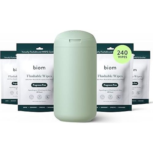 Biom Flushable Wipes Starter Kit - 4pk (240 Total) Fragrance Free Wipes + Refillable BPA-Free Dispenser- Biodegradable, Plant-Based, Non-Toxic Wet Wipes for Adults & Baby - Perfect For Home & Travel