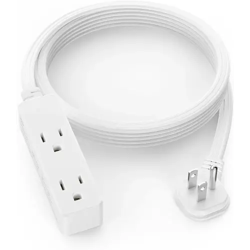 Flat Plug Extension Cord with 3 Outlets - 8 ft White Low Profile Indoor 3 Prong Grounded Power Strip for Home Office & Travel - 16/3 AWG, 13A/1625W
