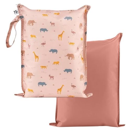 Tiny Twinkle Mess Proof Wet Bags | 2-Pack Reusable Waterproof Wet Bags for Swimsuits | Baby Clothes | Travel & Diaper Bag (Petite Safari)