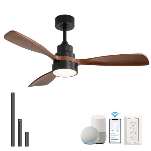 Sofucor 48 Inch Smart Ceiling Fan with Lights and Remote/APP Control, Compatible with Alexa/Google, 3 Blade Brown Black Solid Wood Low Profile Ceiling Fan for Indoor Outdoor Bedroom Farmhouse Patio