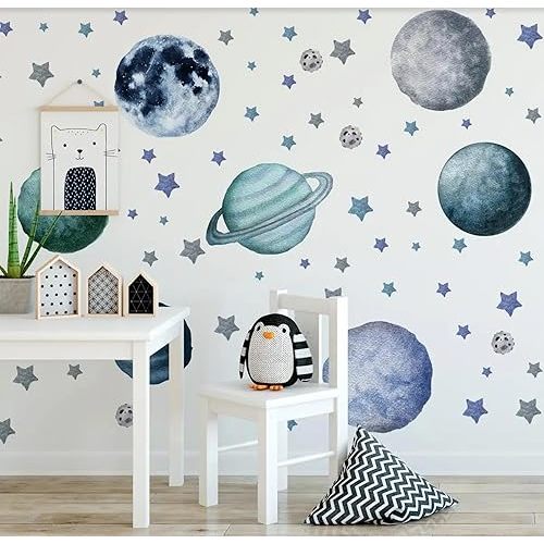 Planets and Stars Wall Decals, Removable Solar System Wall Stickers, Space Wall Décor, Peel and Stick Universe Art Mural Vinyl Sticker for Kids Boys Bedroom Nursery Decoration