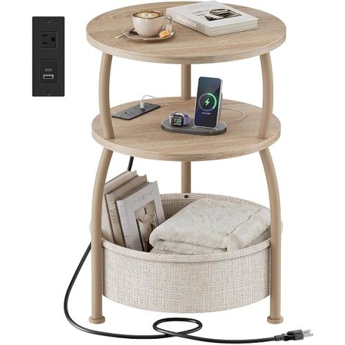 Round Side Table with Charging Station, USB Type C Port, Oak