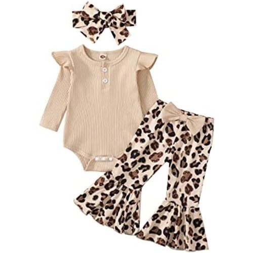 fhutpw Newborn Baby Girl Clothes Rib Frill Romper Leopard Flared Pants Set