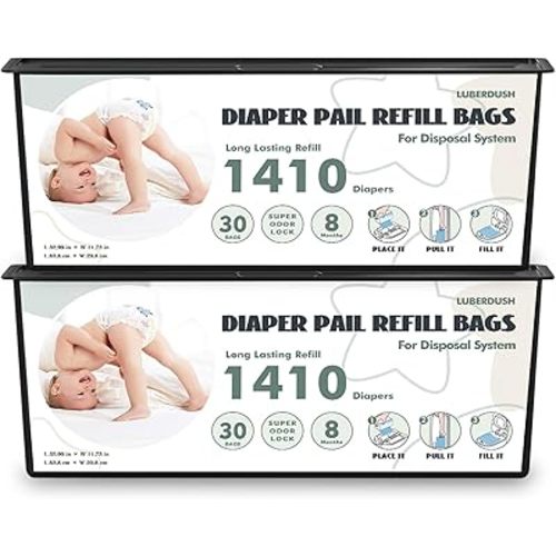 Diaper Pail Refill Bags - Compatible with Genie Easy Roll Signature & Platinum Pails | Each 30 Bags Holds Up to 1410 Newborn Diapers | 7-Layer OdorLock Technology | 2 Pack(60 Bags)