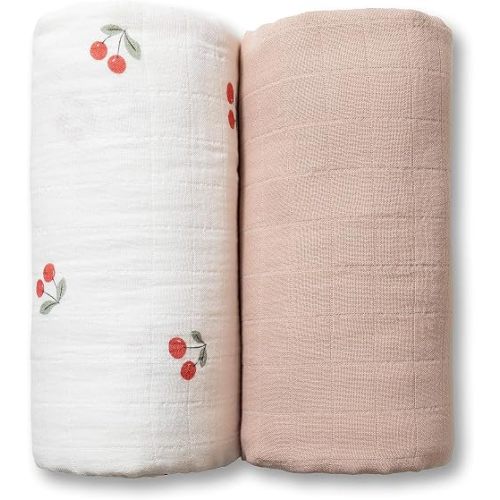 Miaoberry GOTS Certified Organic Muslin Swaddle Blankets, 2 Pack Baby Receiving Blankets, Soft Breathable Cotton Swaddles for Newborn Girls, Cherry & Blush Pink