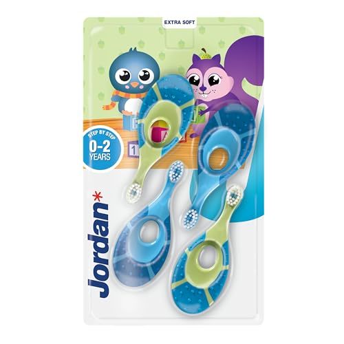 Jordan* | Step 1 Baby Toothbrush | 0-2 Years, Soft Bristles, BPA Free | Green & Blue | 4 Pack