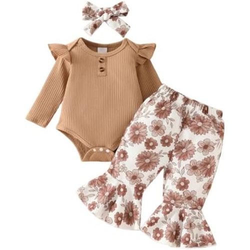 Aoswep Newborn Baby Girl Clothes Infant Girl Outfits Long Sleeve Ruffle Romper + Floral Pants + Headband Set