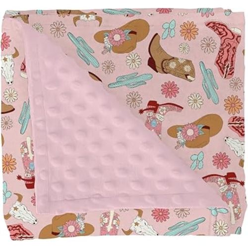 Boho Western Cowgirl Baby Blankets for Girls Pink Cowgirls Boots Hats Cactus Floral Soft Mink Dotted Backing Double Layer Swaddle Blanket Girly Wild West Country Bed Throws for Newborn Toddler 30x40
