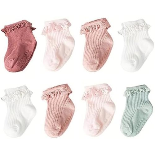5 Pairs Toddler Anti Slip Non Skid Socks Baby Little Girls Lace Flower Stripe Crew Socks