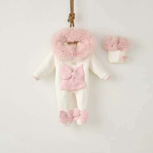 Ivory MI LOVES SIGNATURE Little Doll Pramsuit with Pink Fox fur trim a