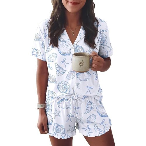 Ekouaer Womens Pajama Sets Button Down Short Sleeve Top and Shorts Cute Ruffled Pjs Sets Sleepwear