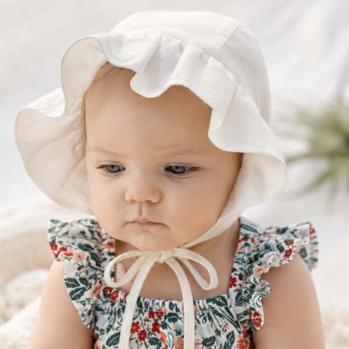 White Linen Girls Bonnet with Ruffle Visor – Olive and Cradle