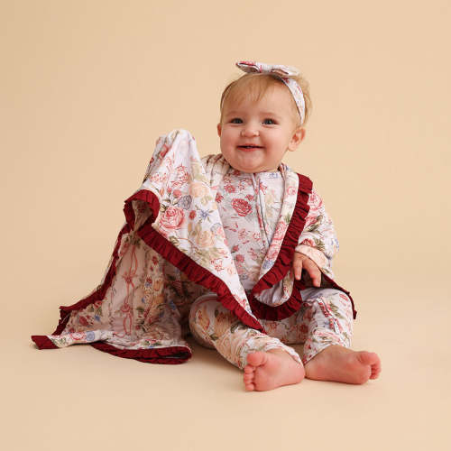 Floral Blue Reversible Kristiana & Janey Ruffled Luxette Patoo® Blanket | Posh Peanut®