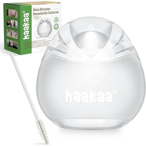 haakaa Halo Silicone Breast Milk Collector - Wearable Manual Breast Pump for Breastfeeding, Hands Free Reusable Breast Milk Shells with Cleaning Brush - 3oz/90ml, 1 Count