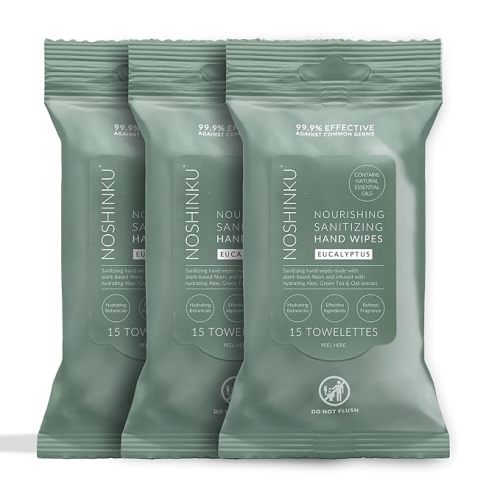 Noshinku Eucalyptus Hand Sanitizer Wipes, 3-Pack (45 Towelettes) – Resealable Travel Wipes with Ethyl Alcohol, Aloe & Green Tea, Plant-Based Fiber, Essential Oil Scents, Cruelty-Free & No Dyes