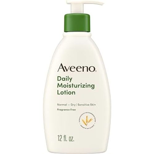 Aveeno Daily Moisturizing Body Lotion with Soothing Prebiotic Oat, Gentle Lotion Nourishes Dry Skin With Moisture, Paraben-, Dye- & Fragrance-Free, Non-Greasy & Non-Comedogenic, 12 fl. Oz