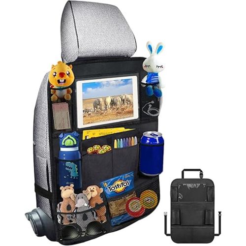 Ecurfu Backseat Car Organizer with 10 Compartments, 10 Inch Tablet Holder, Waterproof Storage Bag for Kids Cars - 600D Oxford Fabric, Black (1PC)