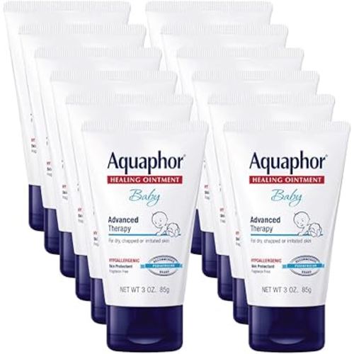 Aquaphor Baby Healing Ointment, Advanced Therapy for Chapped Cheeks and Diaper Rash, 3 oz. Tube (Pack of 12)