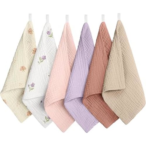Muslin Baby Wash Cloths 10x10inch 100% Cotton Washcloth Soft Absorbent Baby Face Towel for Baby Girl Boy 6Packs (Tulip&Butterfly)