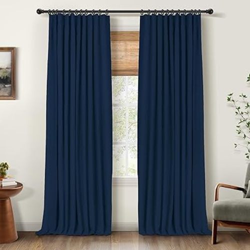 INOVADAY 100% Blackout Curtains for Bedroom, Black Out Curtains 84 Inch Long, Clip Rings Linen Blackout Drapes, Thermal Insulated Room Darkening for Living Room, 2 Panels - Midnight Blue,W50xL84
