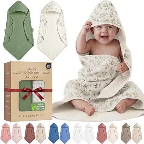 100% Organic Cotton 2 PK Muslin Baby Hooded Towel Wrap 32x32 in