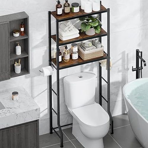 Kitsure Over-The-Toilet Storage Rack - Freestanding Over The Toilet Storage Cabinet with Paper Holder & Hooks, Bathroom Organizers and Storage, Brown + Black, 3 Tiers (61" H)
