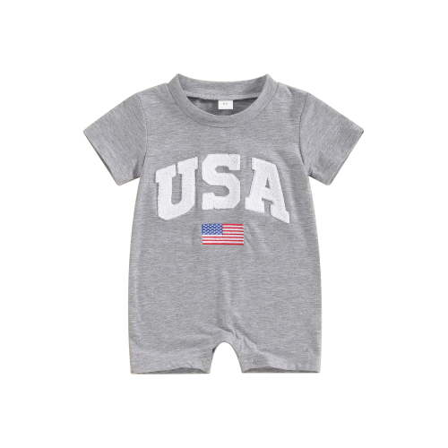 Loicainy Infant Baby Boy 4th of July Romper 3 6 12 18 Months Fuzzy Letter Flag Embroidery Crew Neck Short Sleeve Bodysuits Summer Jumpsuits