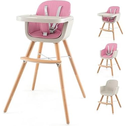 HONEY JOY High Chair, 3-in-1 Eat & Grow Wooden Highchair/Booster Seat/Toddler Chair with Removable Tray, 5-Point Harness, PU Cushion and Footrest for Baby, High Chair for Babies and Toddlers(Pink)
