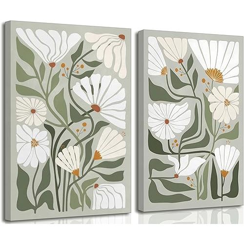 2 Pcs Boho Wildflowers Canvas Wall Art Green Bohemia Abstract Floral Botanical Painting Picture Wall Decor Poster Print Artwork for Living Room Bedroom Bathroom Home Decoration