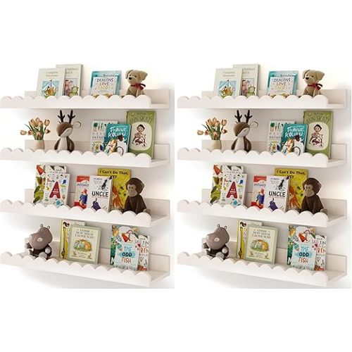 Shario Nursery Book Shelves, 4-Pack White Floating Shelves for Wall Kids, Scalloped Shelves, Wall Book Shelves for Bedroom Kids, Toddler Room, Baby Room, Nursery Decor