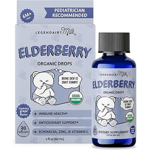 Legendairy Milk Elderberry Syrup Organic Liquid Drops for Babies & Toddlers, Immune Support Supplement Vitamin C, Zinc, Echinacea, Natural Baby Multivitamin Tincture Infant Immunity Kids 30 Servings